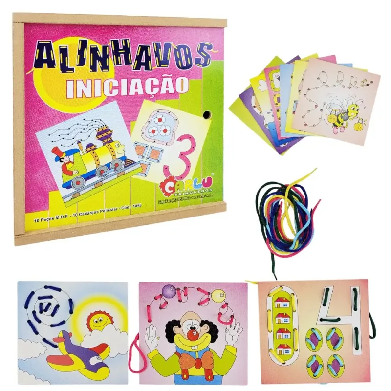 Carlu Brinquedos – Alinhavos Iniciação Jogo para Estimular Habilidades Motoras, 4+ Anos, 10 Bases Perfuradas, Multicolorido, 1058