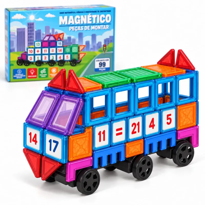 Blocos Magnéticos de Montar Infantil – 99 Peças com Rodinhas e Blocos Matemáticos | Brinquedo Educativo de Construção | Criatividade e Raciocínio Lógico