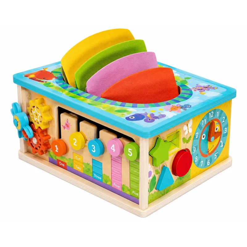 Brinquedo Montessori 6 em 1 de madeira com pesca magnética, colheita de cenouras, formas, engrenagens, números, cores e atividades sensoriais.