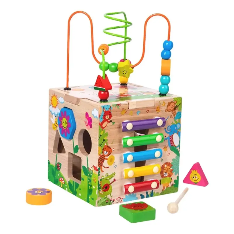 Cubo de Aprendizagem Montessori Infantil 6 Atividades em Madeira – 29,5 cm – Extra Grande
