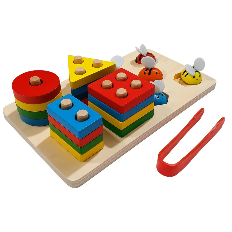 Brinquedo Educativo de Madeira 2 em 1 Encaixe Geométrico e Pinça Montessori
