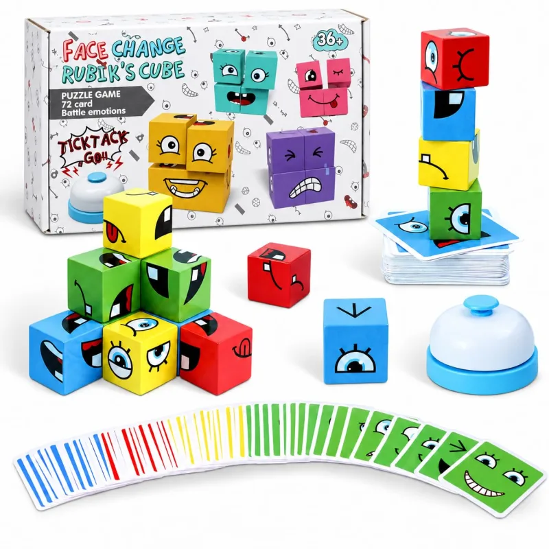 Jogo Educativo de Expressões Faciais em Madeira com 16 Cubos, 72 Cartas