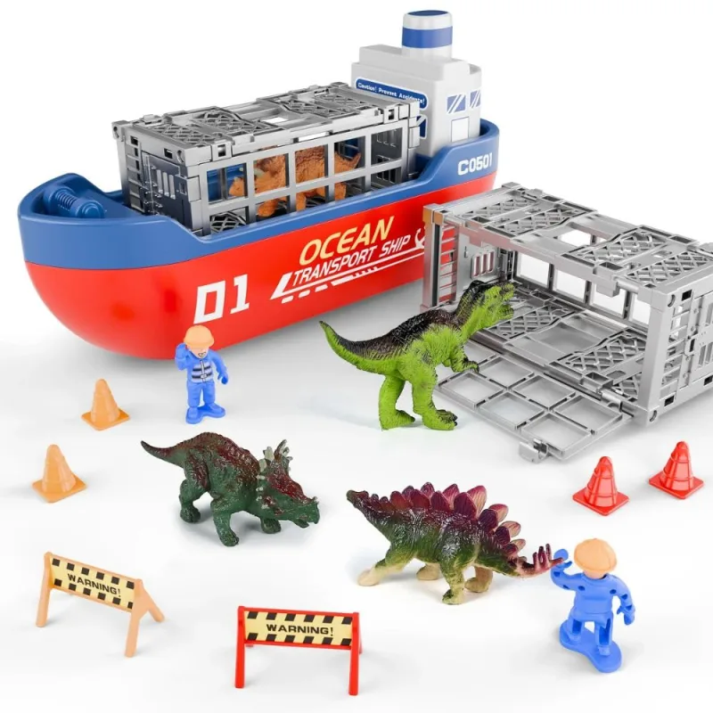 Kit Dino Jurassic Brinquedo Infantil Menino – Caminhao Transporte com Dinossauros T-Rex, Educativo, Presente 5-10 Anos