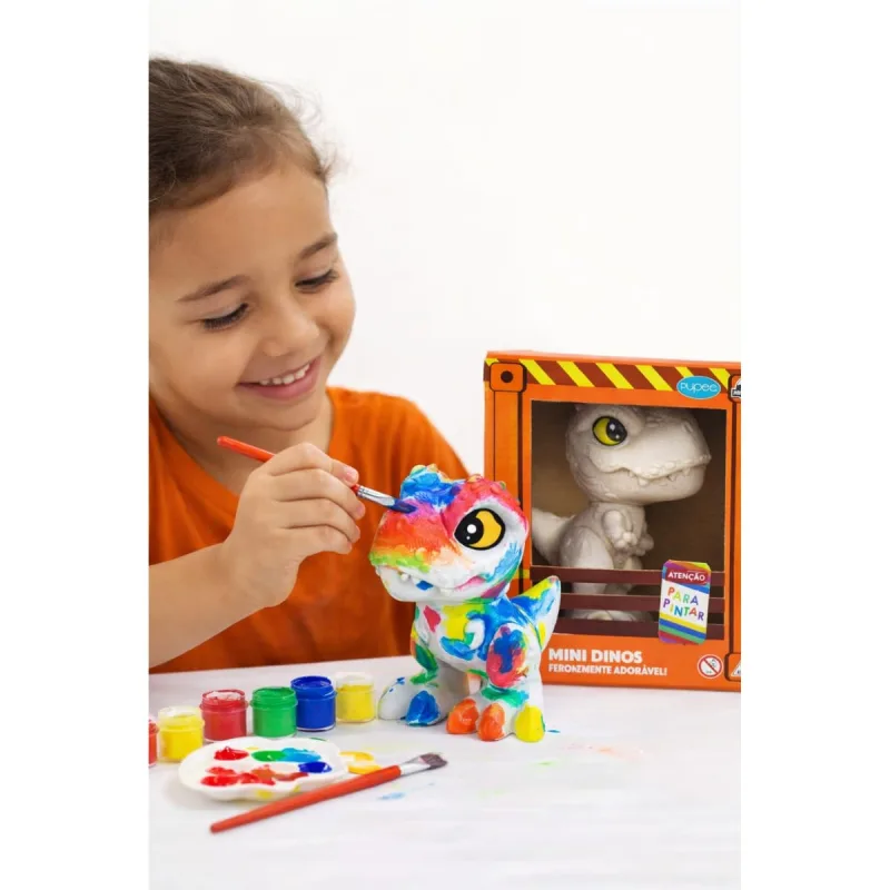Boneco Mini T-Rex Para Pintar + Tinta Guache Acrilex 6 Cores 15ml + Pincel Nº10