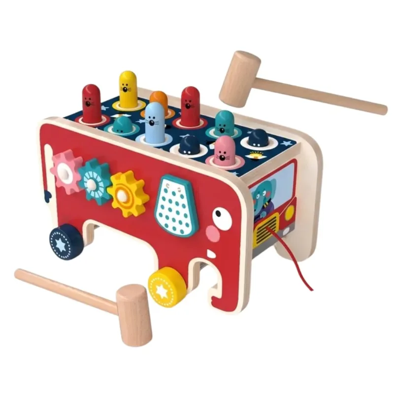 Kinderland Toys Brinquedo Educativo Montessori Whack-a-Mole Ônibus de Madeira 1 2 3 Anos Presente Menino Menina Azul Multifuncional Coordenação Motora