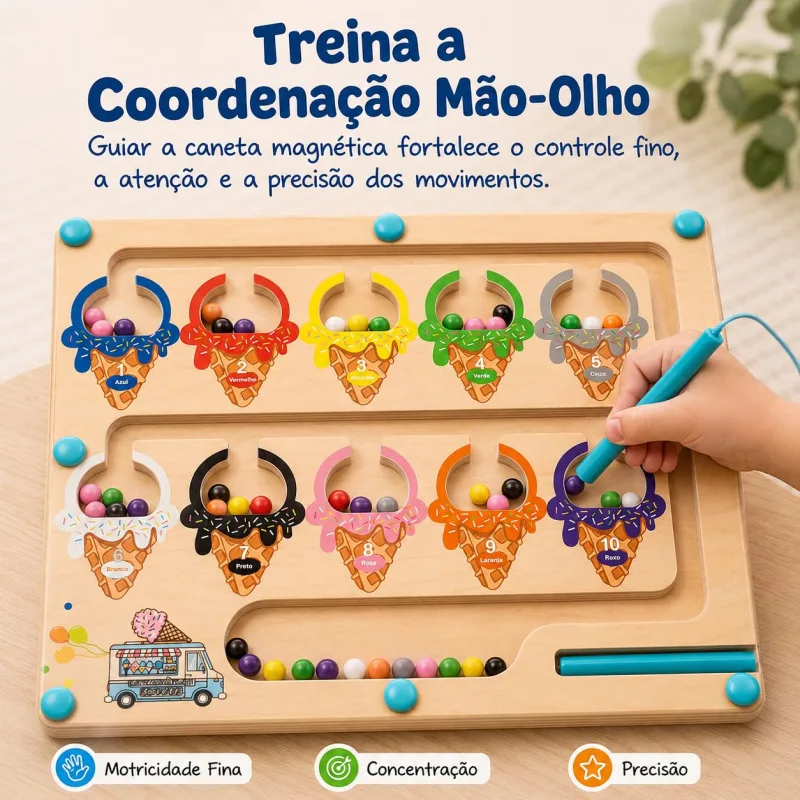 Brinquedo Educativo de Madeira Montessori Magnético com Sorvetes – Tabuleiro de Contar Cores e Números com Caneta Imantada para Crianças 2 3 4 5 6 7 Anos – Brinquedo Infantil Menina e Menino