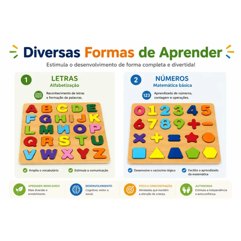 Brinquedo Educativo Kit Com 2 Tabuleiros Letras Números Formas Geométricas Madeira – 2 unidade
