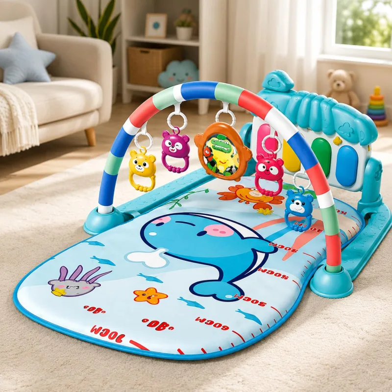 Tapete de Atividades Musical para Bebês com Piano Sonoro Removível, Arco com Brinquedos Suspensos, Estímulos Sensoriais, Desenvolvimento Motor, Coordenação, Educação Infantil e Diversão