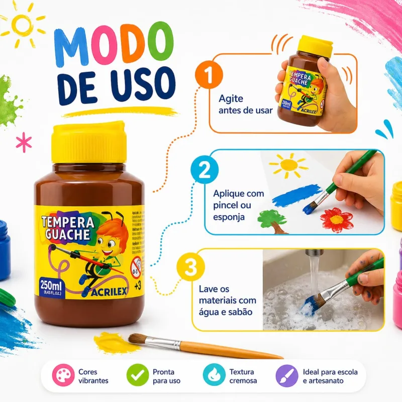 Kit Tintas Guache Acrilex 250ml 12 Cores Sortidas