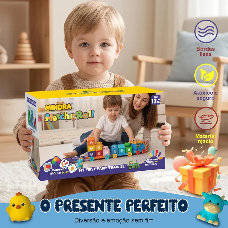 Brinquedo Montessori Trem da Fazenda Educativo com Animais e Números